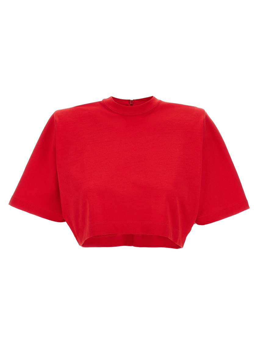 Pinko Short-sleeved Crop Top With Padded Shoulders In Red