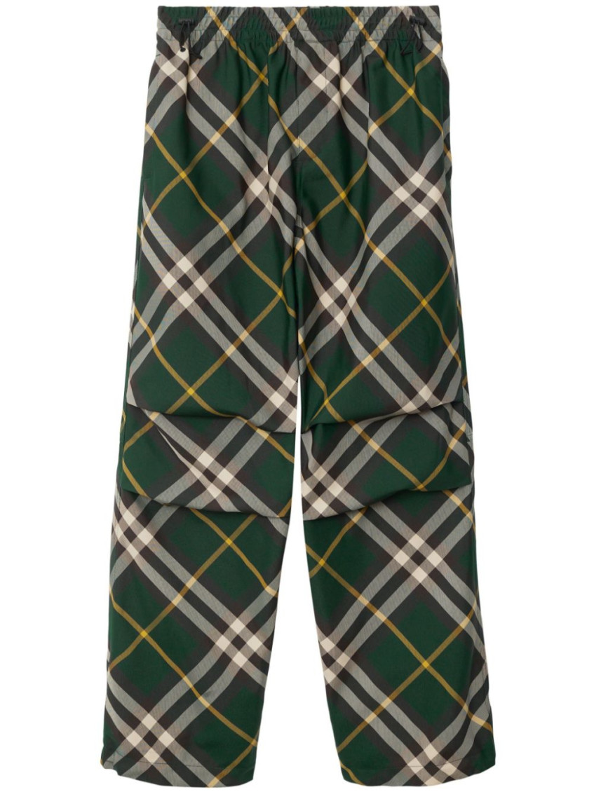 Burberry Men's Check Pattern Trousers With Elastic Waist And Drawstring In Green