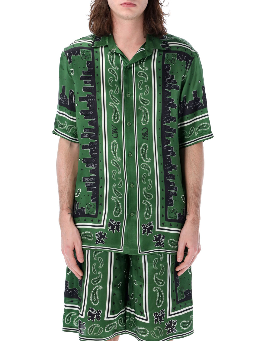 Off-white Satin Bandana Bowling Shirt In Green