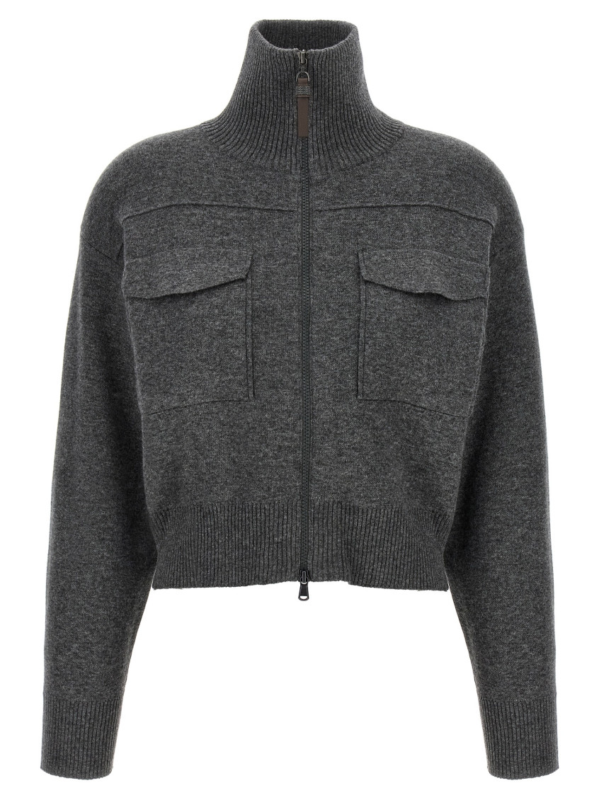 Brunello Cucinelli Shiny Zipper Pull Sweaters And Cardigans Gray