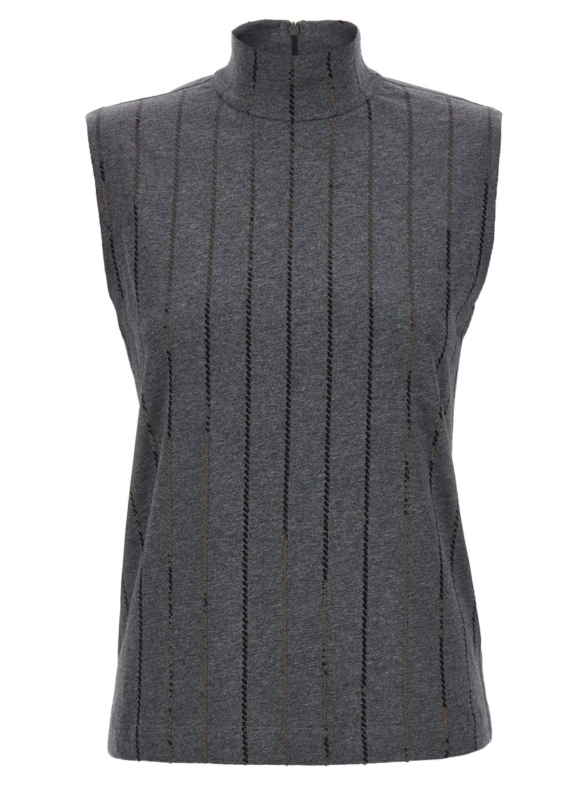 Brunello Cucinelli Sequin High Neck Sleeveless Top With Vertical Stripes In Black