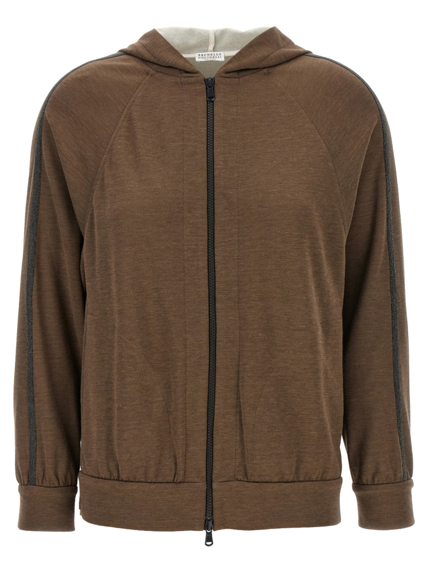 Brunello Cucinelli Brown Sweatshirt With Fixed Hood And Monil Detail On The Sleeve In Cotton Blend W