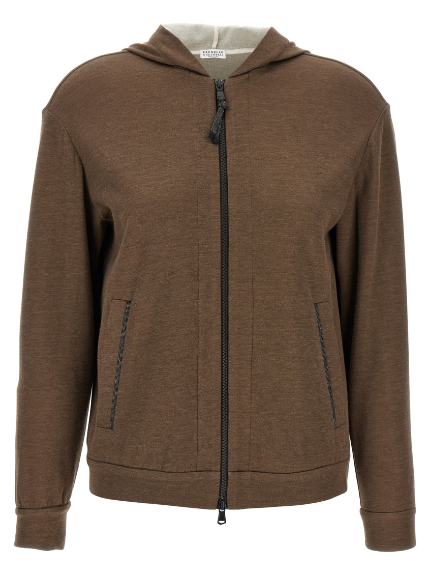 Brunello Cucinelli Brown Sweatshirt With Fixed Hood And Monil Detail On The Sleeve In Cotton Blend W