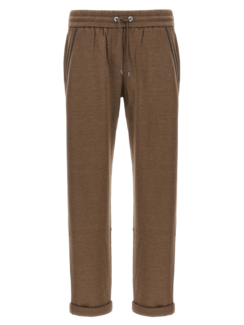 Brunello Cucinelli Cotton-silk Blend Joggers With Side Monile Detail In Brown