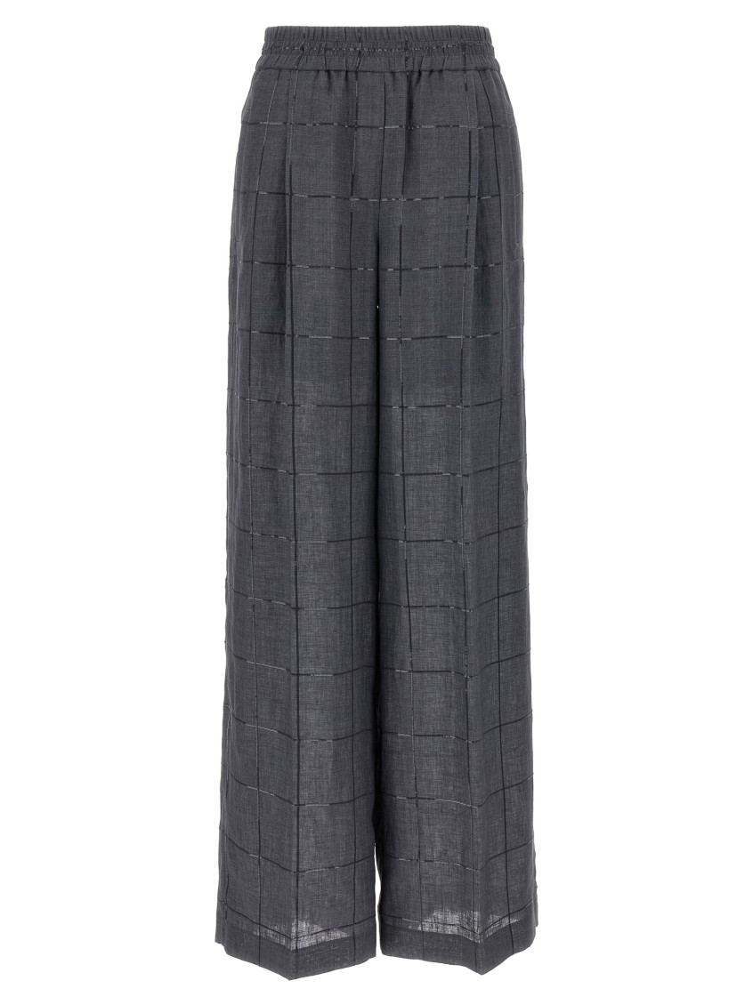 Brunello Cucinelli Check Linen Palazzo Trousers With Sequin Detail
