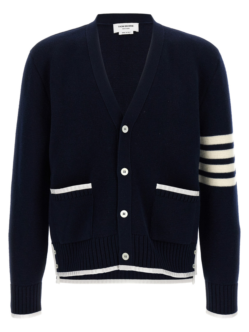 Thom Browne Blue Cardigan With V Neck And Maxi Logo On The Sleeve