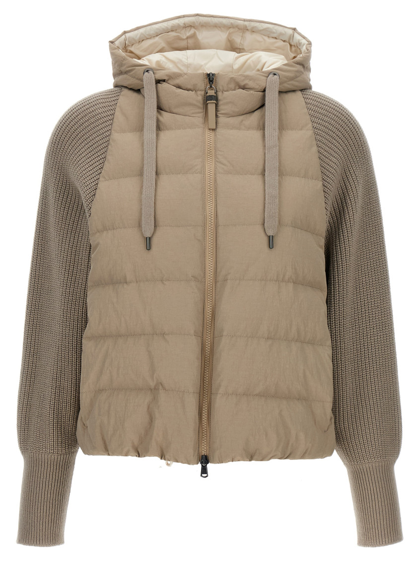 Brunello Cucinelli Two-material Puffer Jacket Casual Jackets And Parka Beige In Brown