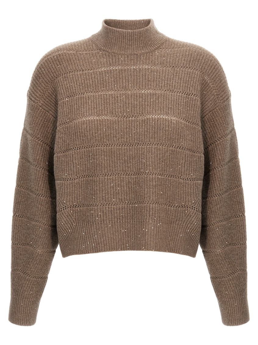 Shop Brunello Cucinelli Brown Rustic Dazzling Net Cropped Sweater