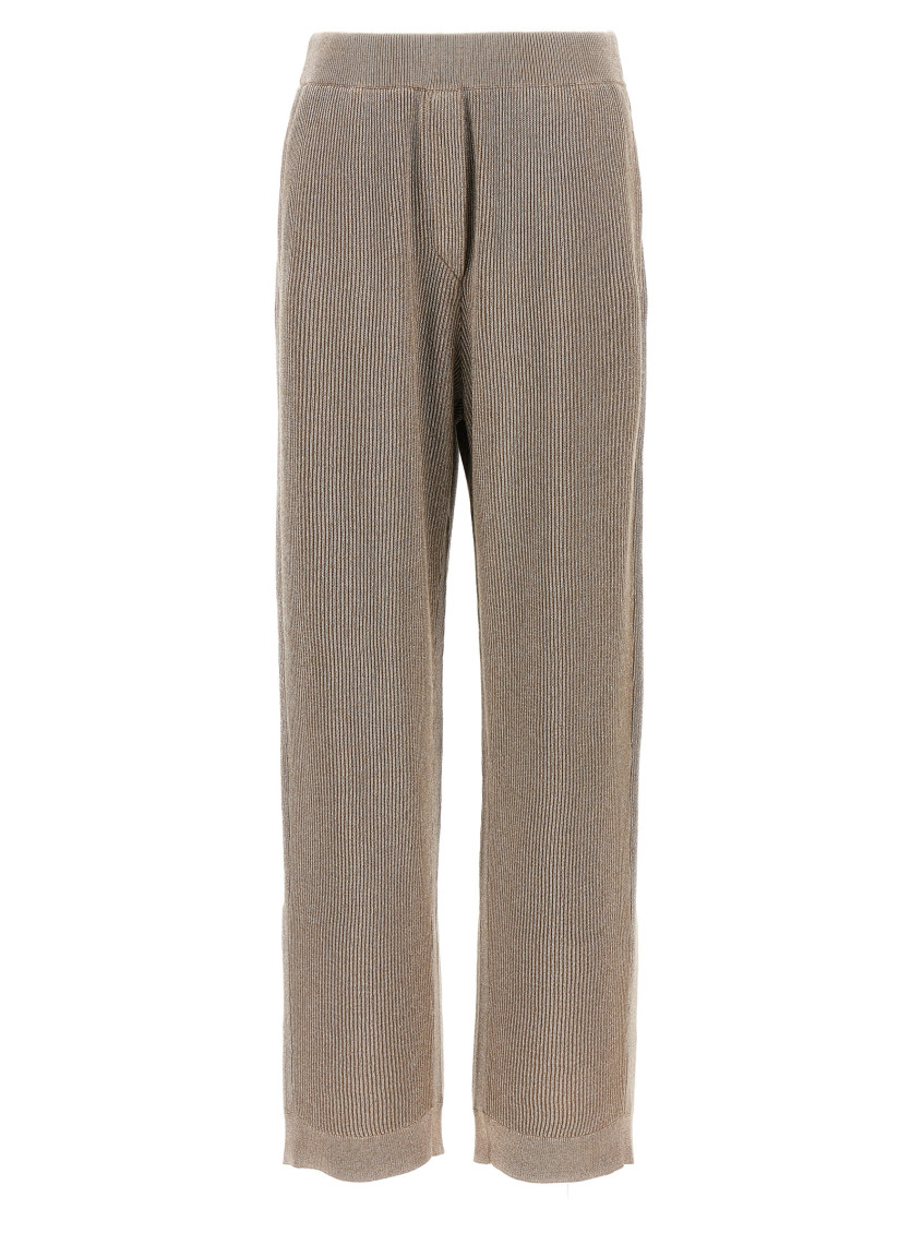 Brunello Cucinelli Loose Flared Trousers In Sparkling Twill Linen With Monile In Brown