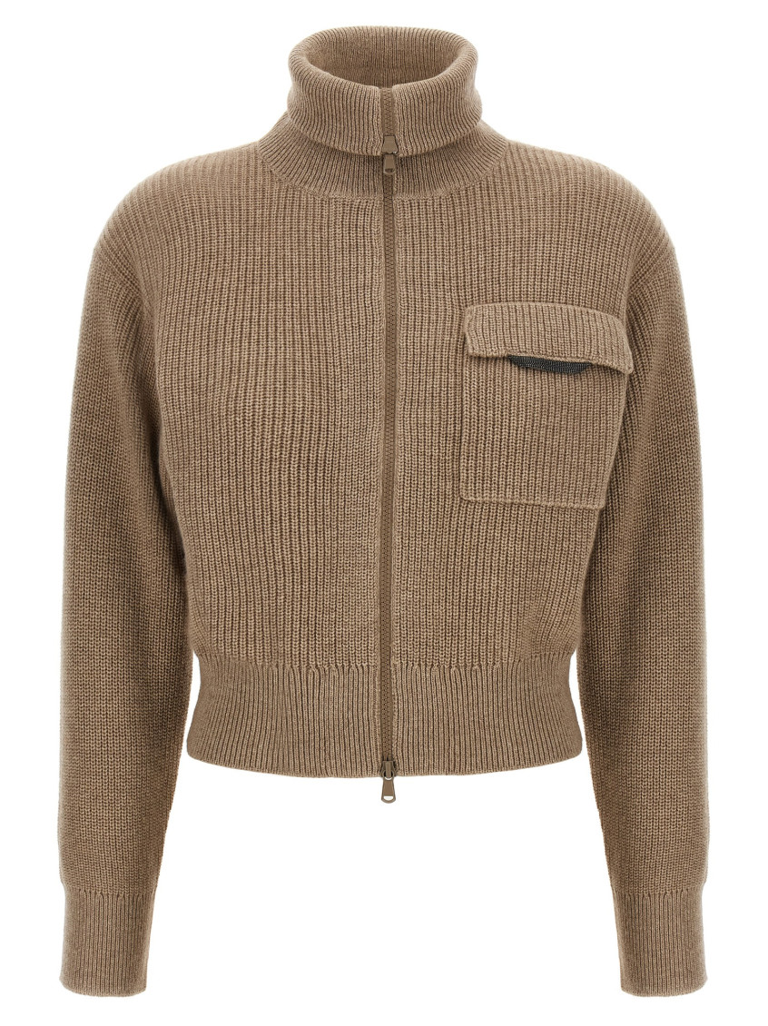 Brunello Cucinelli Beige Cardigan With Spread Collar And Monil Detail On The Front In Cashmere Woman