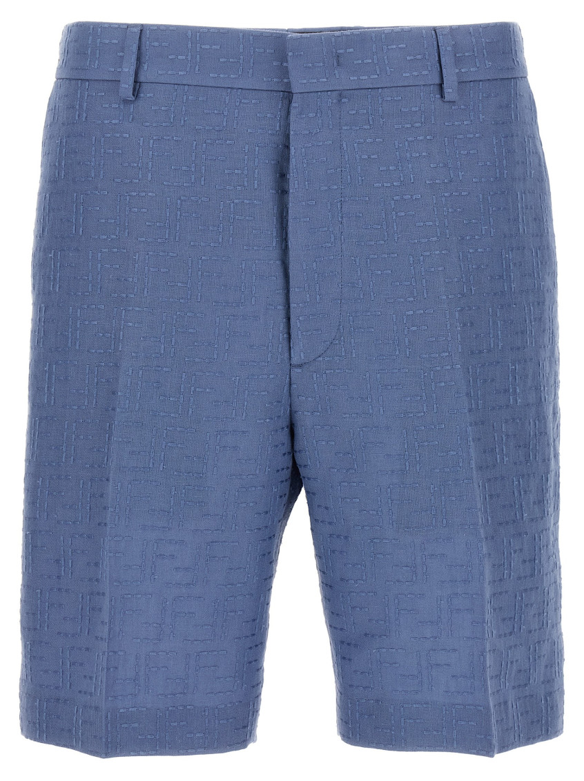 Fendi Linen Bermuda With Jacquard Trousers Light Blue In Blue