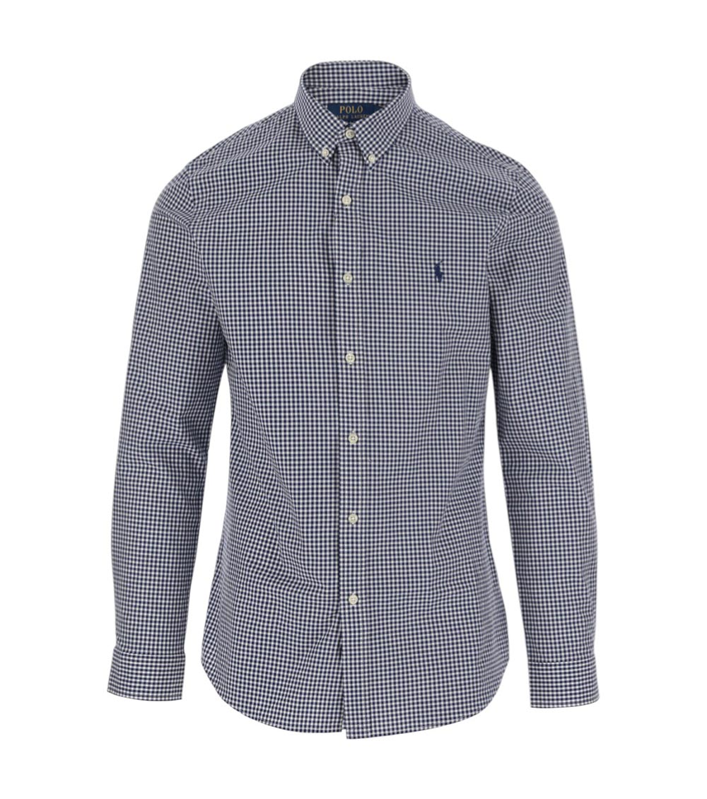 Polo Ralph Lauren Cotton Stretch Poplin Gingham Check Slim Fit Button Down Shirt In Navy Blue