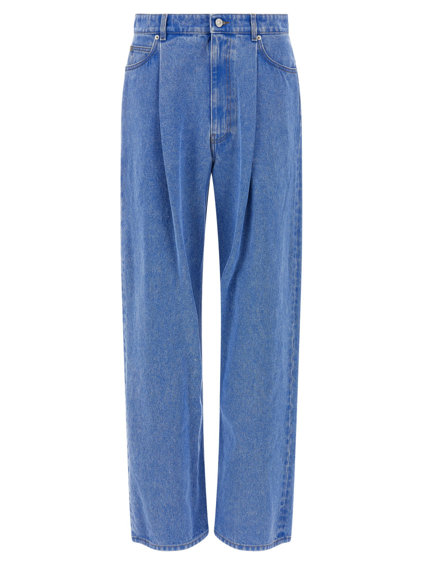 Marni Wide-leg Pleat Jeans With Contrast Stitching And Suede Logo In Blue