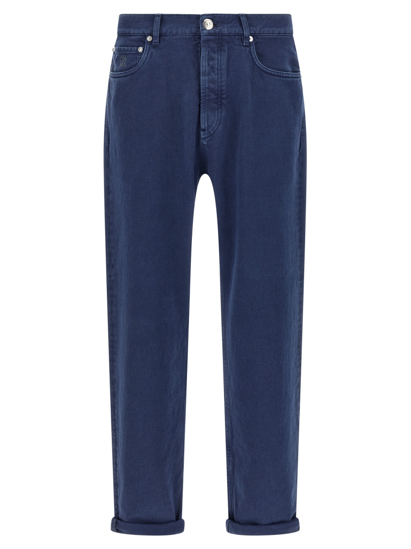 Brunello Cucinelli Garment-dyed Logo-patch Jeans In Blue