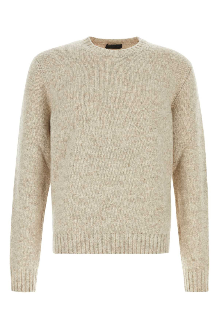 Prada Crew Neck Cashmere Sweater With Elbow Patches In Beige