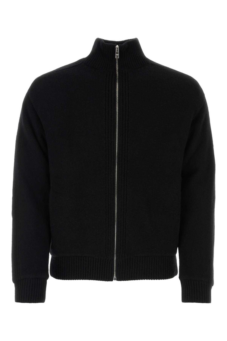 Prada Stretch Wool Blend Cardigan With Front Pockets In Black