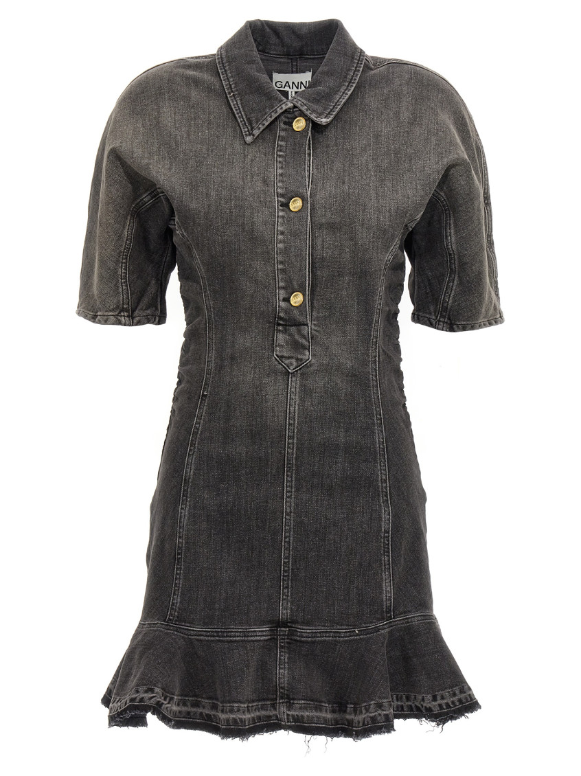 Ganni Ruched Side Fitted Dress With Short Sleeves In Black