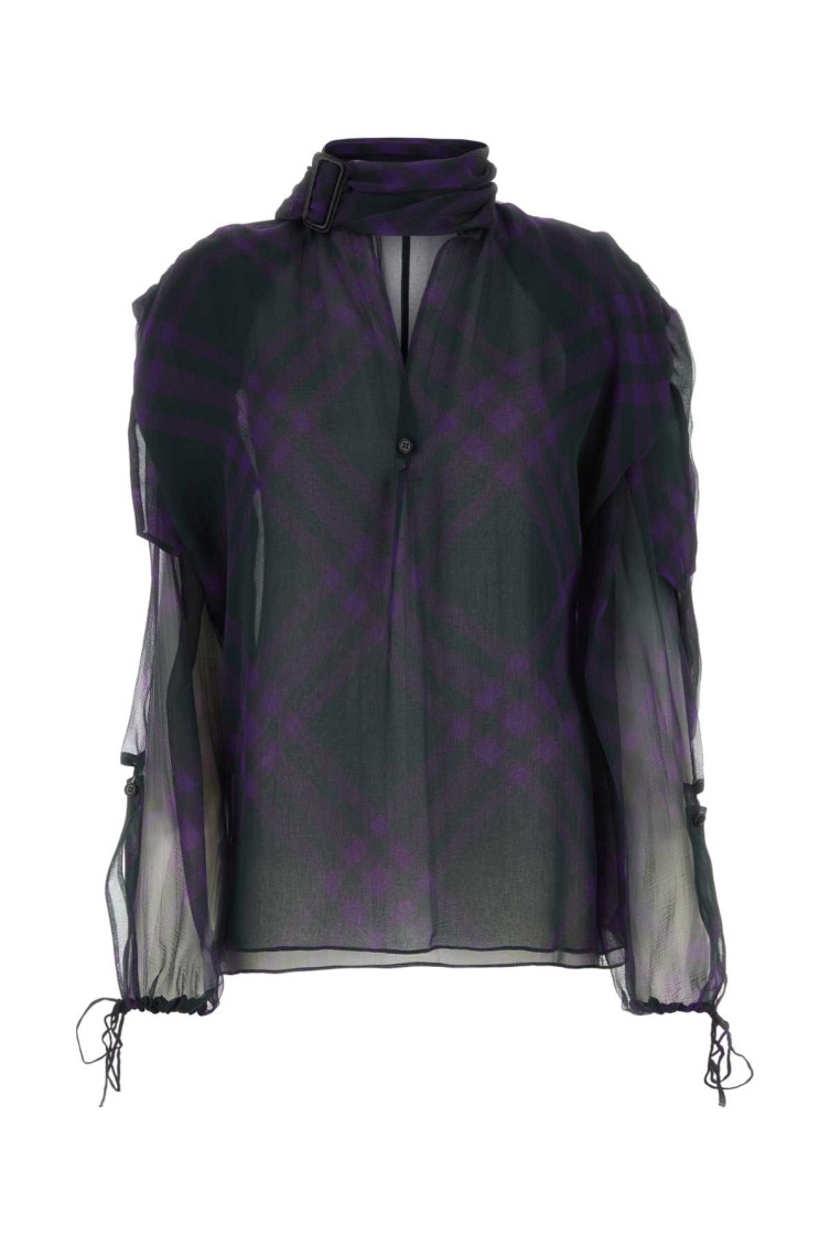 Burberry Check Silk Chiffon Blouse In Black