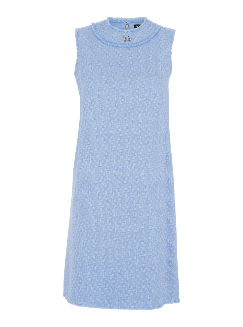Dolce & Gabbana Sleeveless Tweed Dress Dg Logo In Light Blue