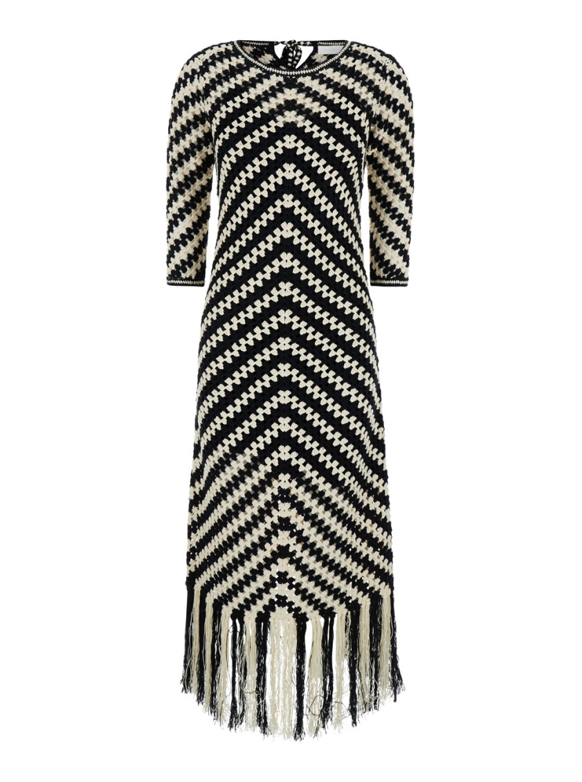 Shop Zimmermann Blackwhite Midi Black And White Dress With Chevron Motif In Crochet Woman