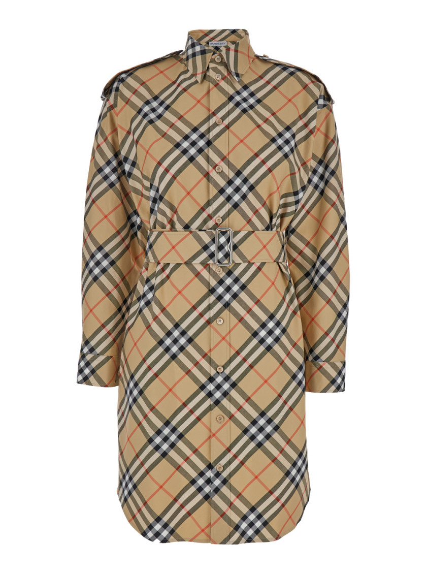 Burberry Waist Belted Shirt Dress With Checked Pattern In Beige