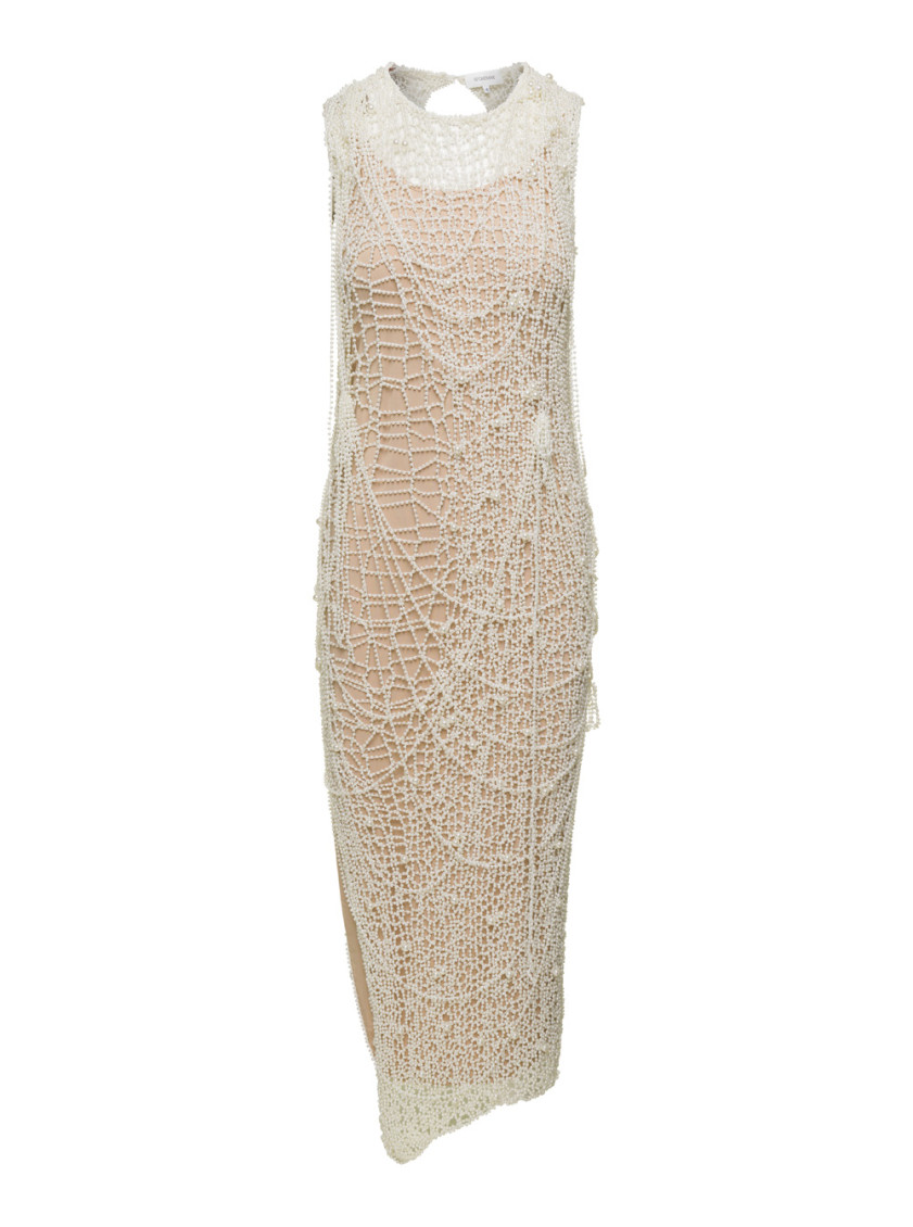 Sportmax Maxi White Dress With String Of Pearls In Crochet Woman In White