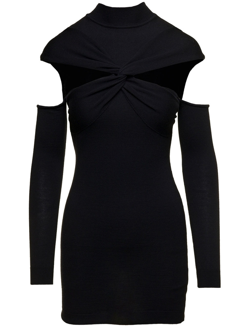 Coperni Black Mini Dress With Mock Neck And Twisted Cut-out In Wool Woman In Black