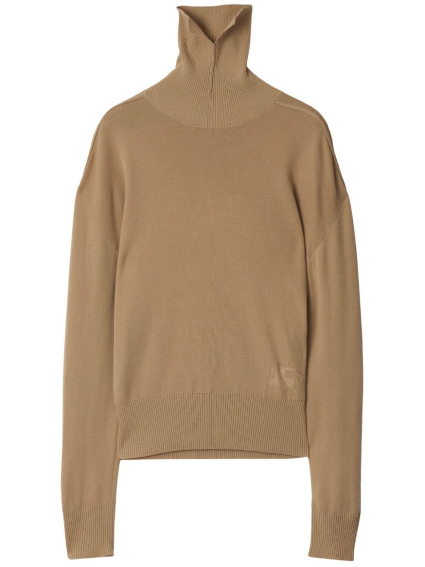 Burberry High-neck Wool Sweater With Logo Intarsia In Beige