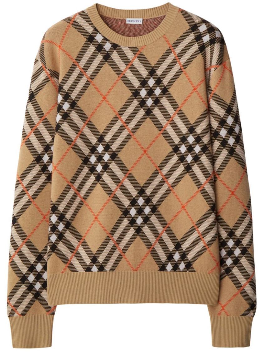 Burberry Beige Crewneck Sweater With Check Motif In Wool And Mohair Woman In Beige