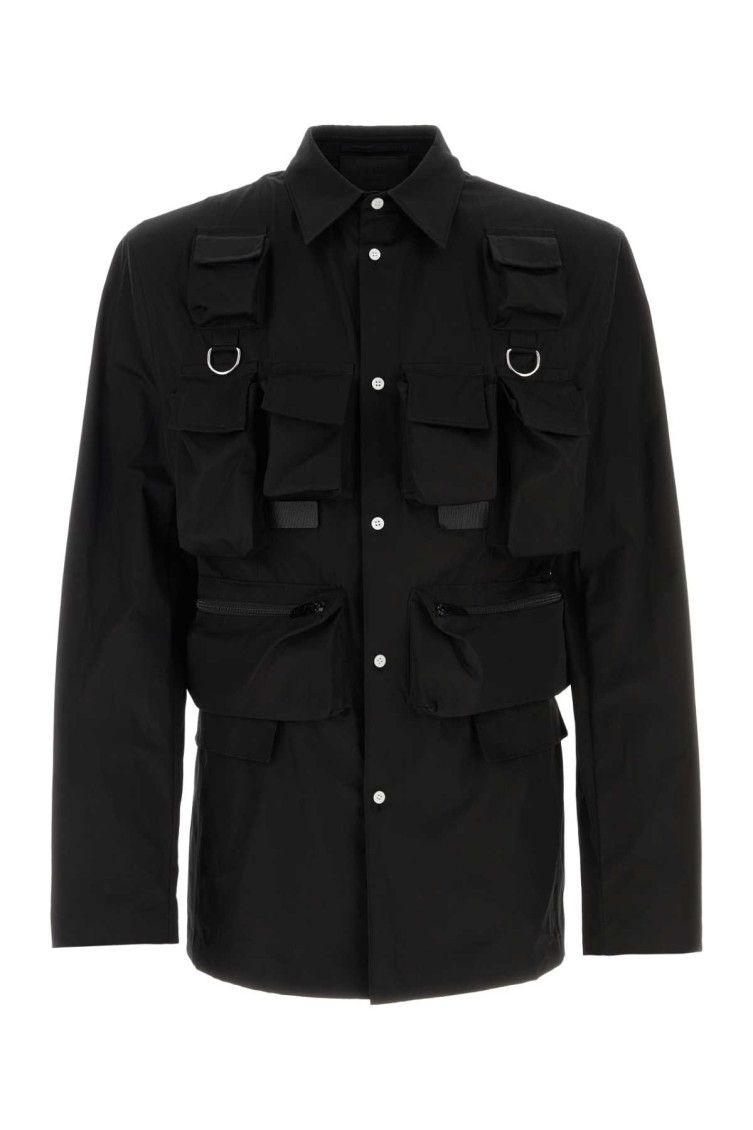 Prada Buttoned Shirt With Chest Pockets And Shoulder Straps In Black