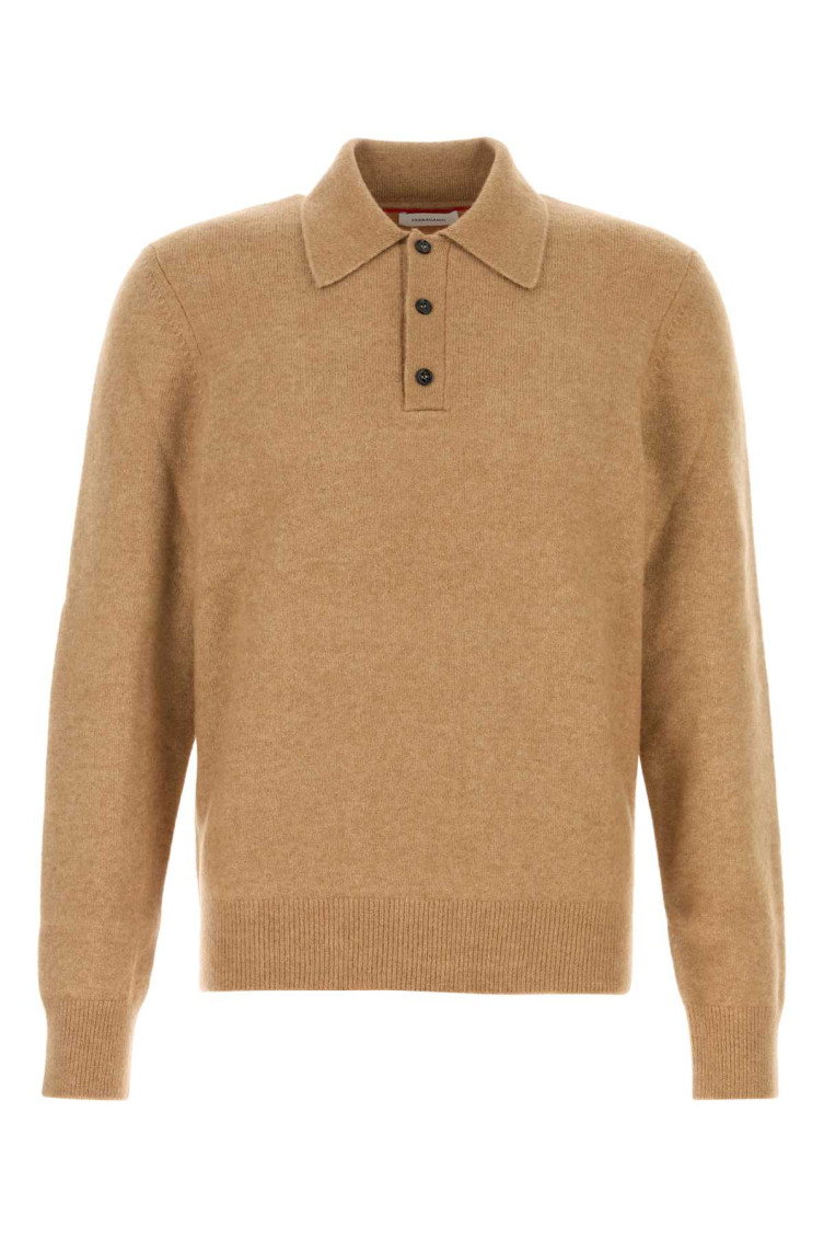 Ferragamo Long Sleeved Camel And Silk Polo Shirt In Light Brown