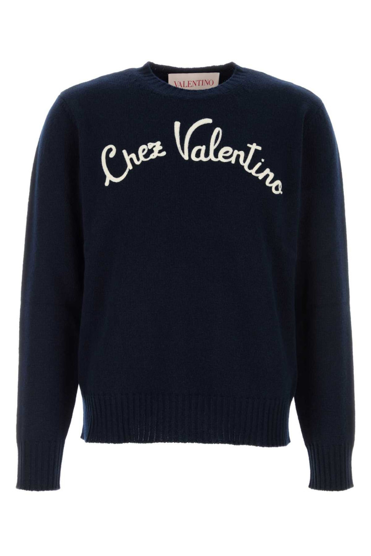 Valentino Logo-embroidered Wool Sweater In Navy Blue