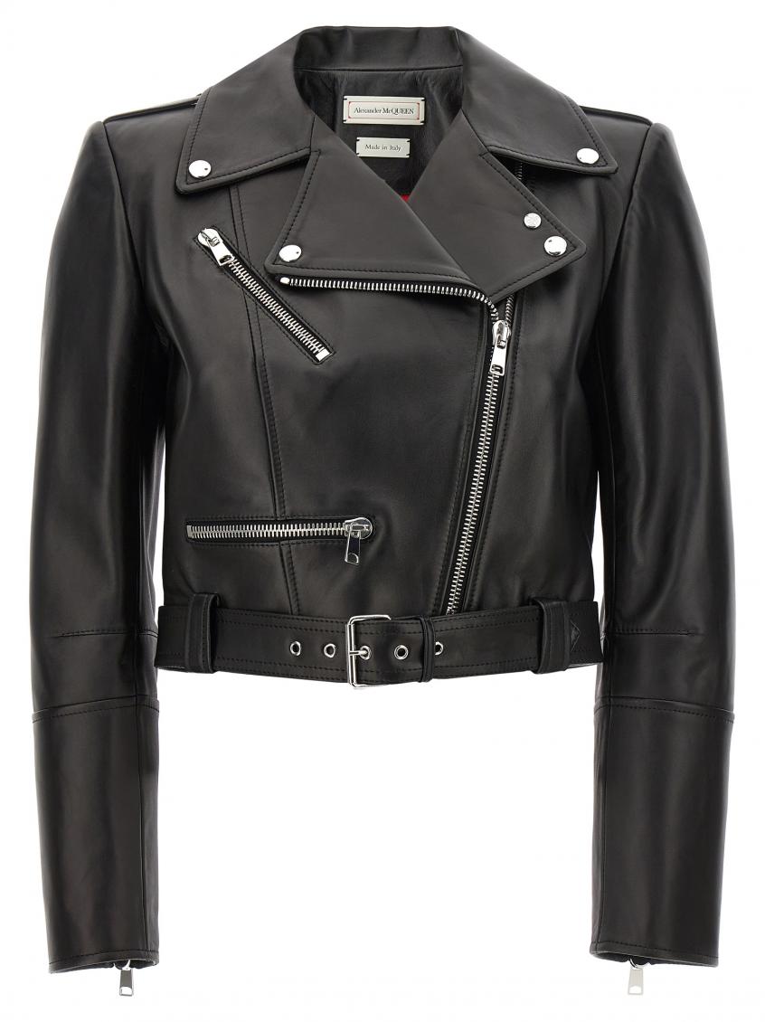 Alexander Mcqueen Black Cropped Biker Jacker With Matching Belt In Smooth Leather Woman In Black