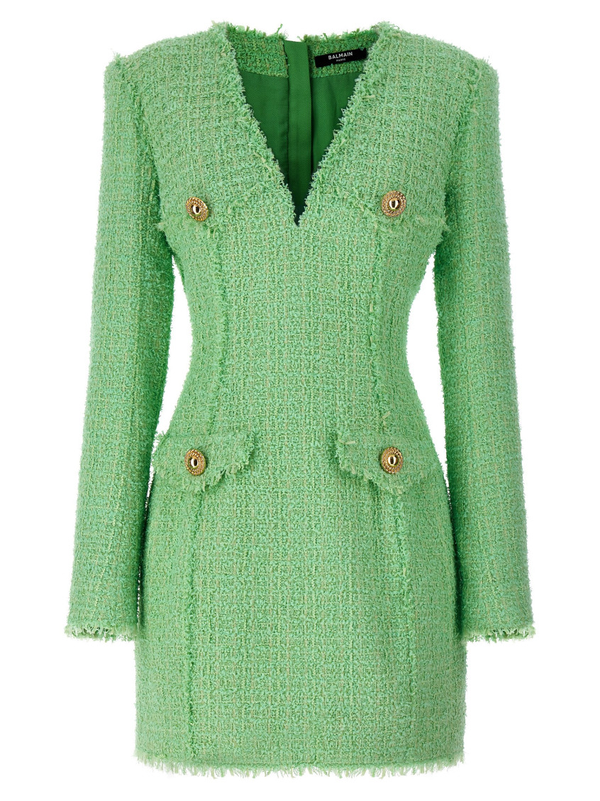 Shop Balmain Green Logo Button Tweed Dress