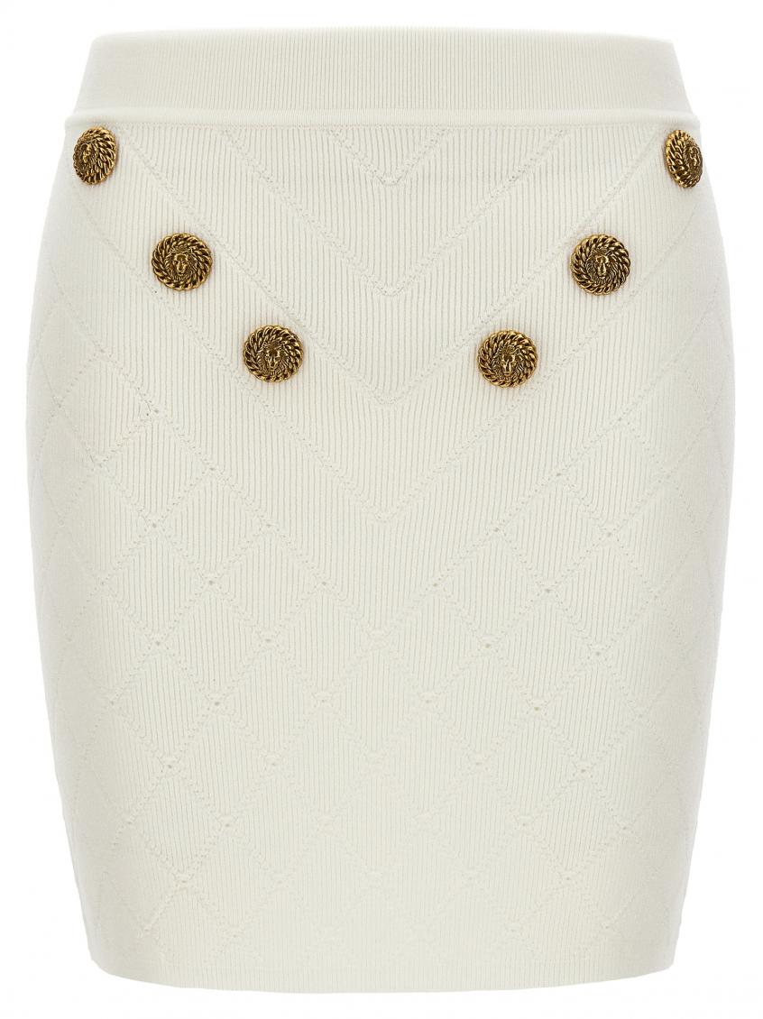 Balmain White Mini Pencil Skirt With Jewel Buttons In White