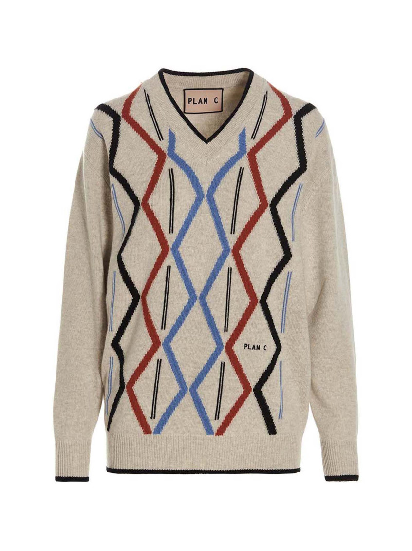 Plan C Geometric Pattern V-neck Knit Sweater In Multicolor