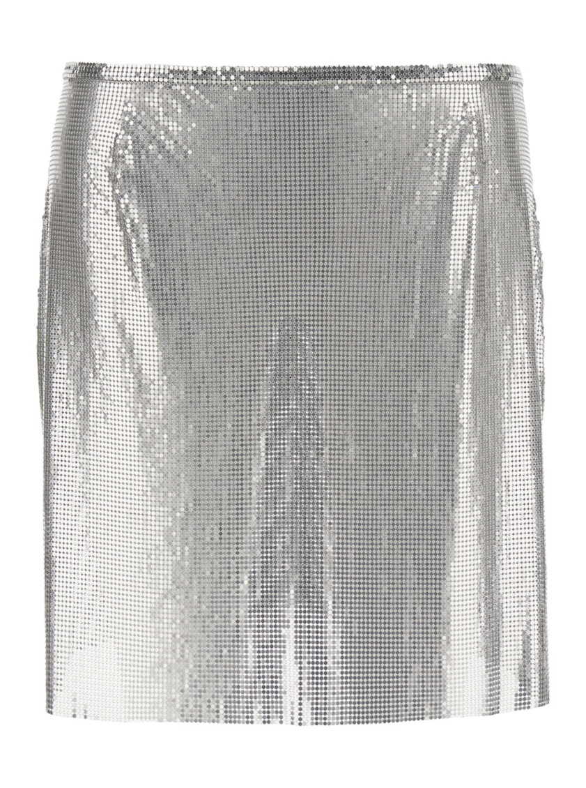 Rabanne Metallic Miniskirt With High Waist And Chainmail Detail In Tech Fabric Woman In Silver