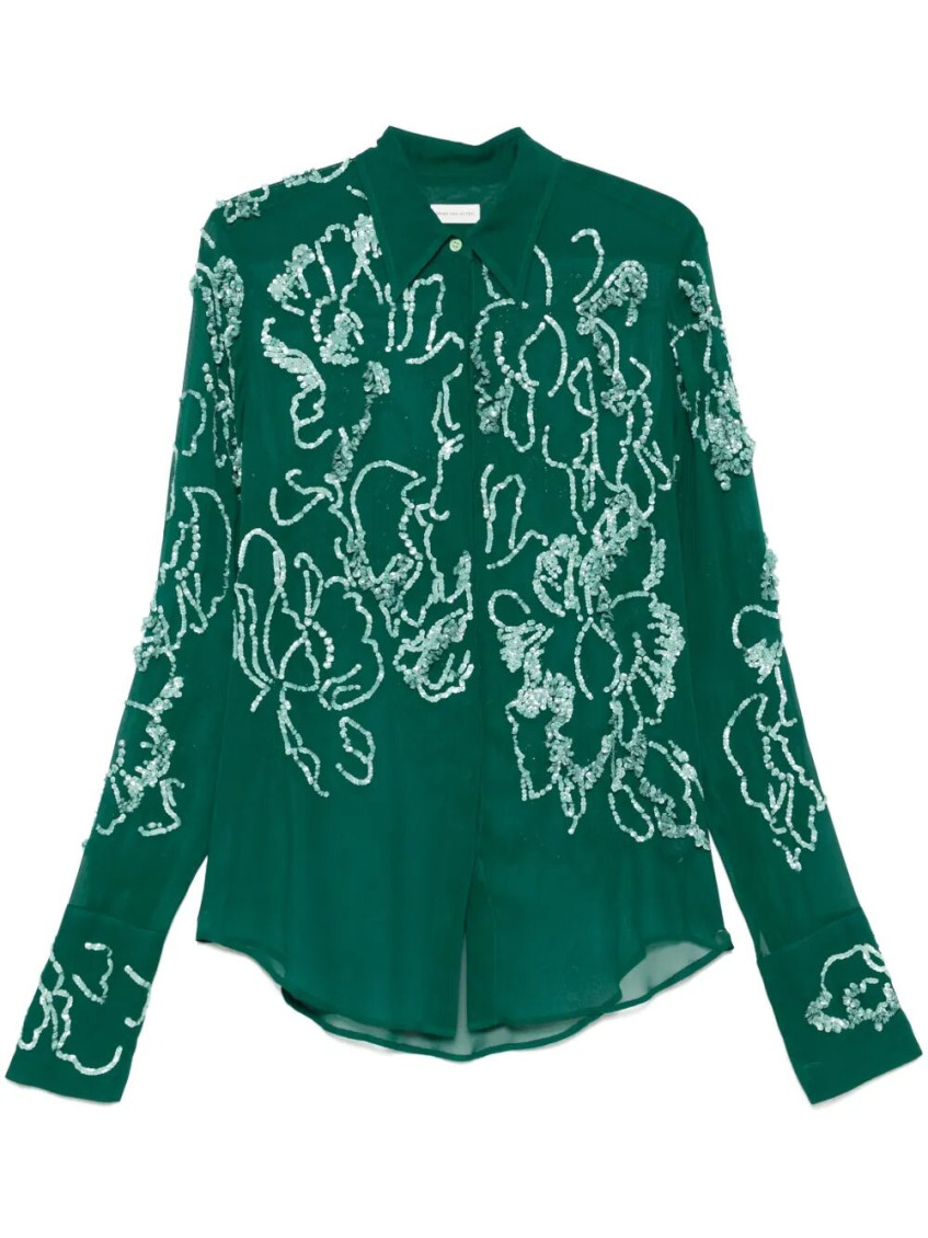 Shop Dries Van Noten Green Sequined Button Down Shirt