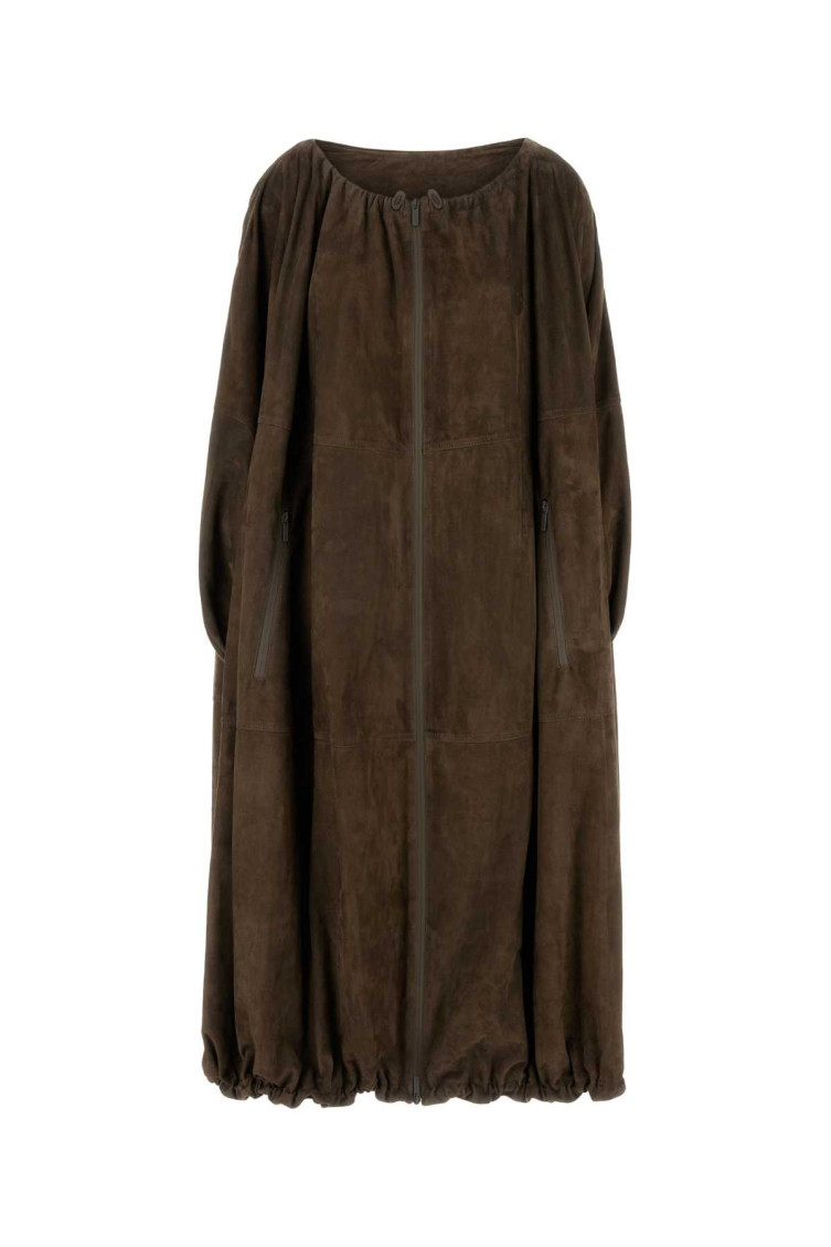 Ferragamo Suede Overcoat With Elastic Hem And Side Pockets In Brown