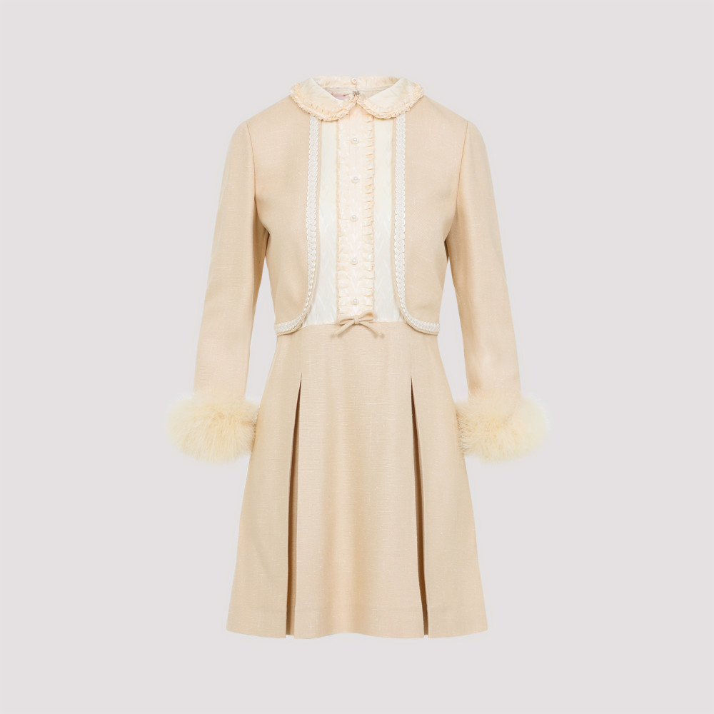 Valentino Nude Viscose-silk Blend Dress With Feather-accented Cuffs In Beige