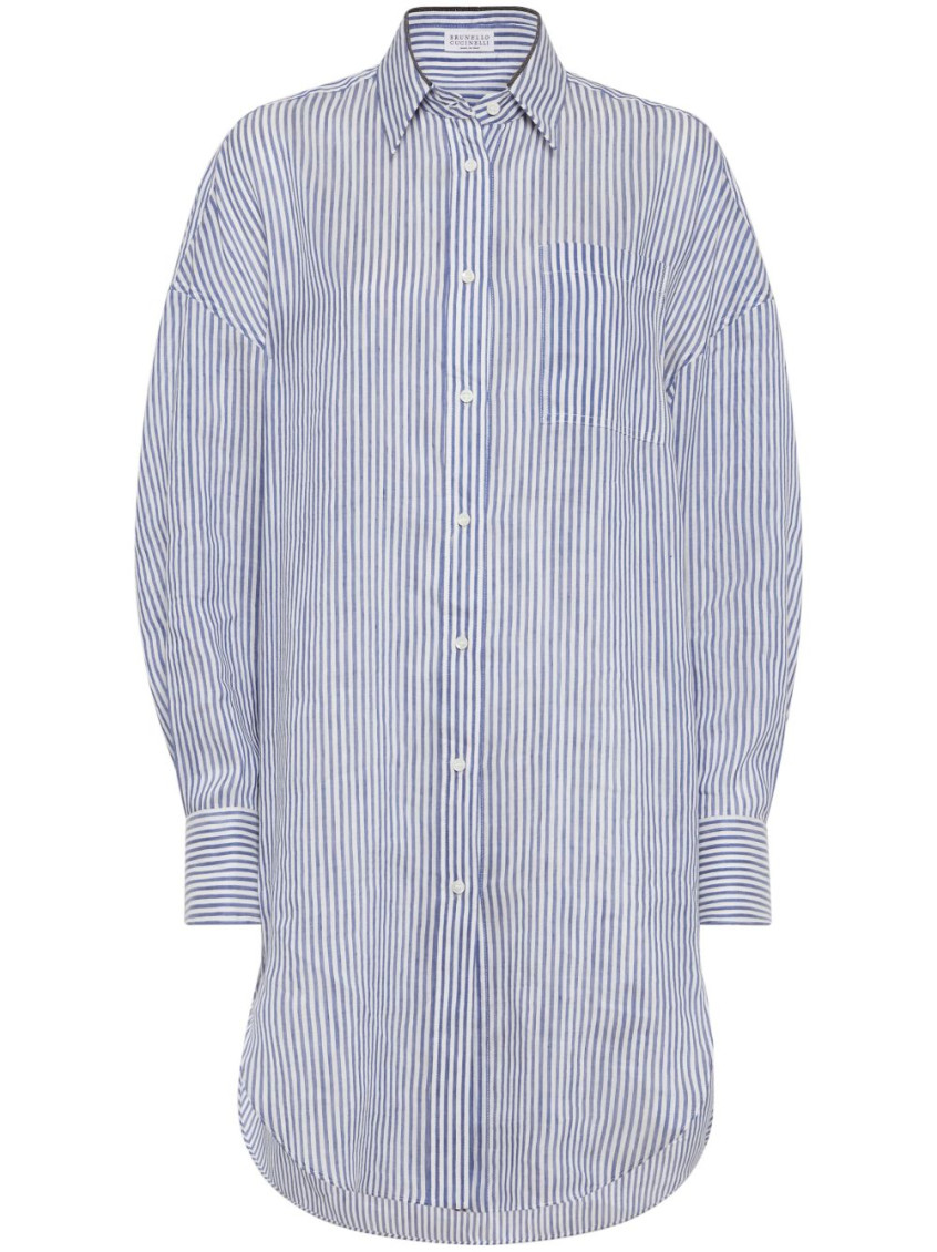Brunello Cucinelli Linen And Silk Striped Organza Long Shirt With Shiny Collar Detail In Blue