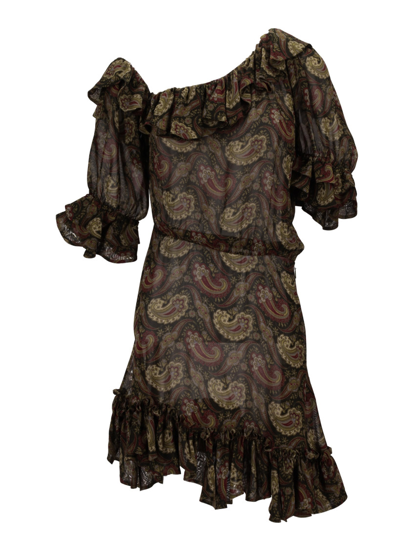 Saint Laurent Paisley Off-the-shoulder Mini Ruffled Dress In Multicolor