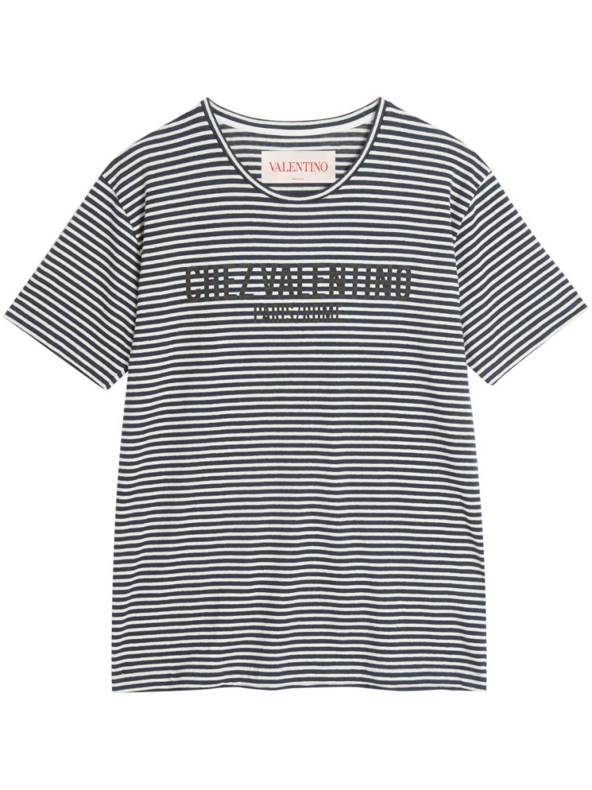 Valentino White Roundneck Striped T-shirt In Blue