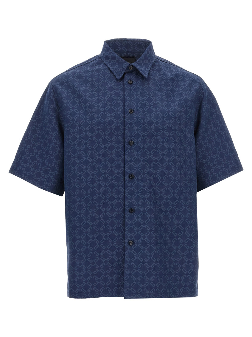 Givenchy Mens Monogram-print Relaxed-fit Cotton-blend Shirt Grey Blue