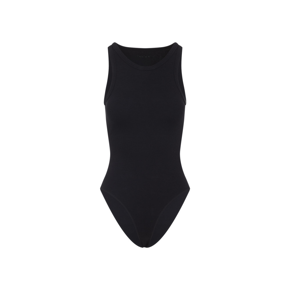 Alaïa Ribbed Texture High Neckline Sleeveless Thong Cut In Black