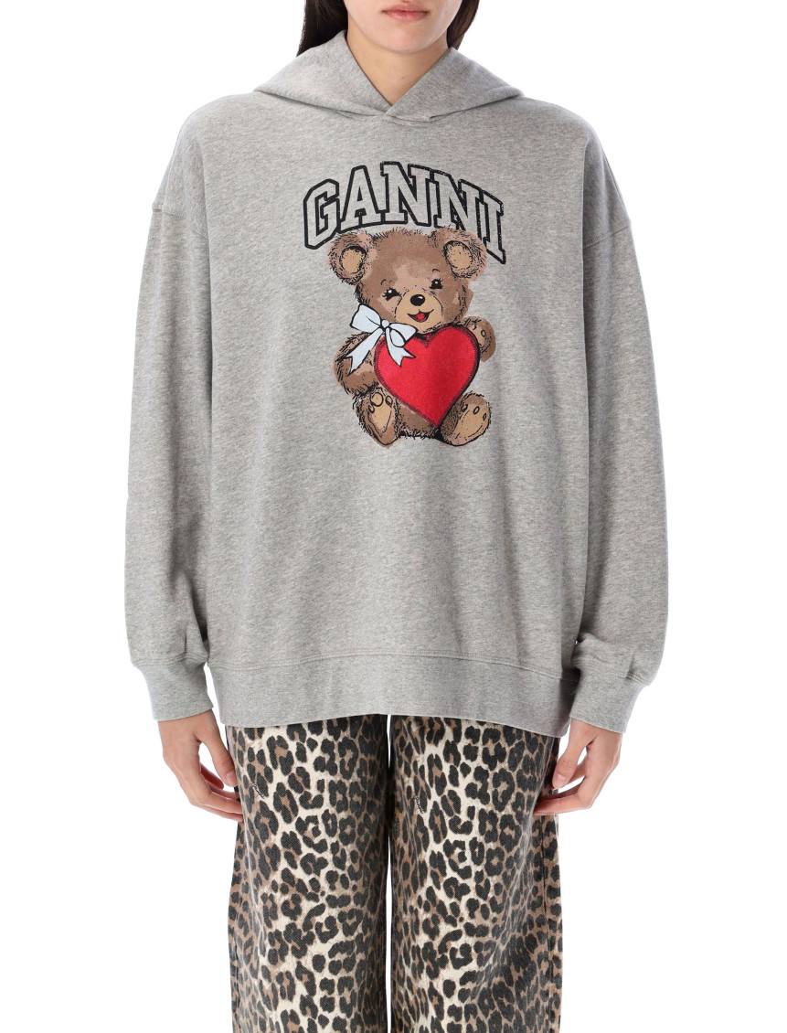 Ganni Bear Print Hooded Sweatshirt In Gray
