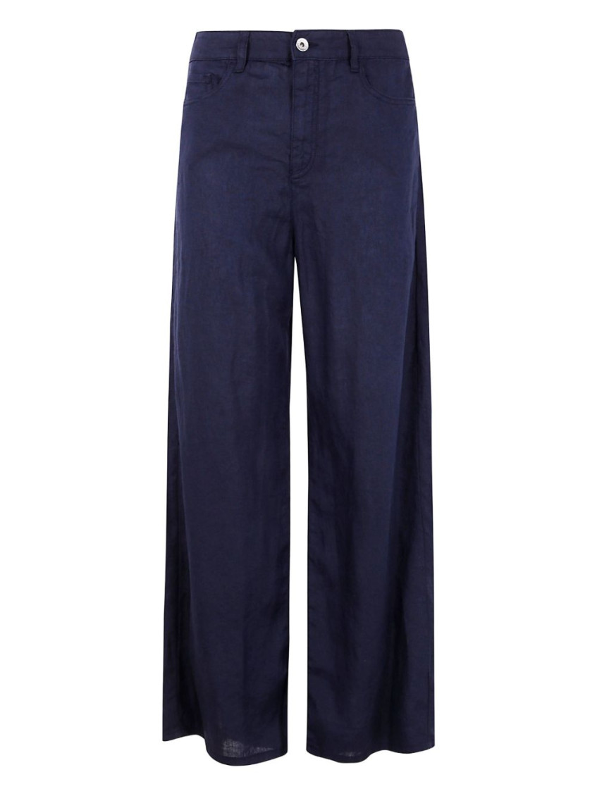 Shop Emporio Armani Navy Blue Linen Trousers