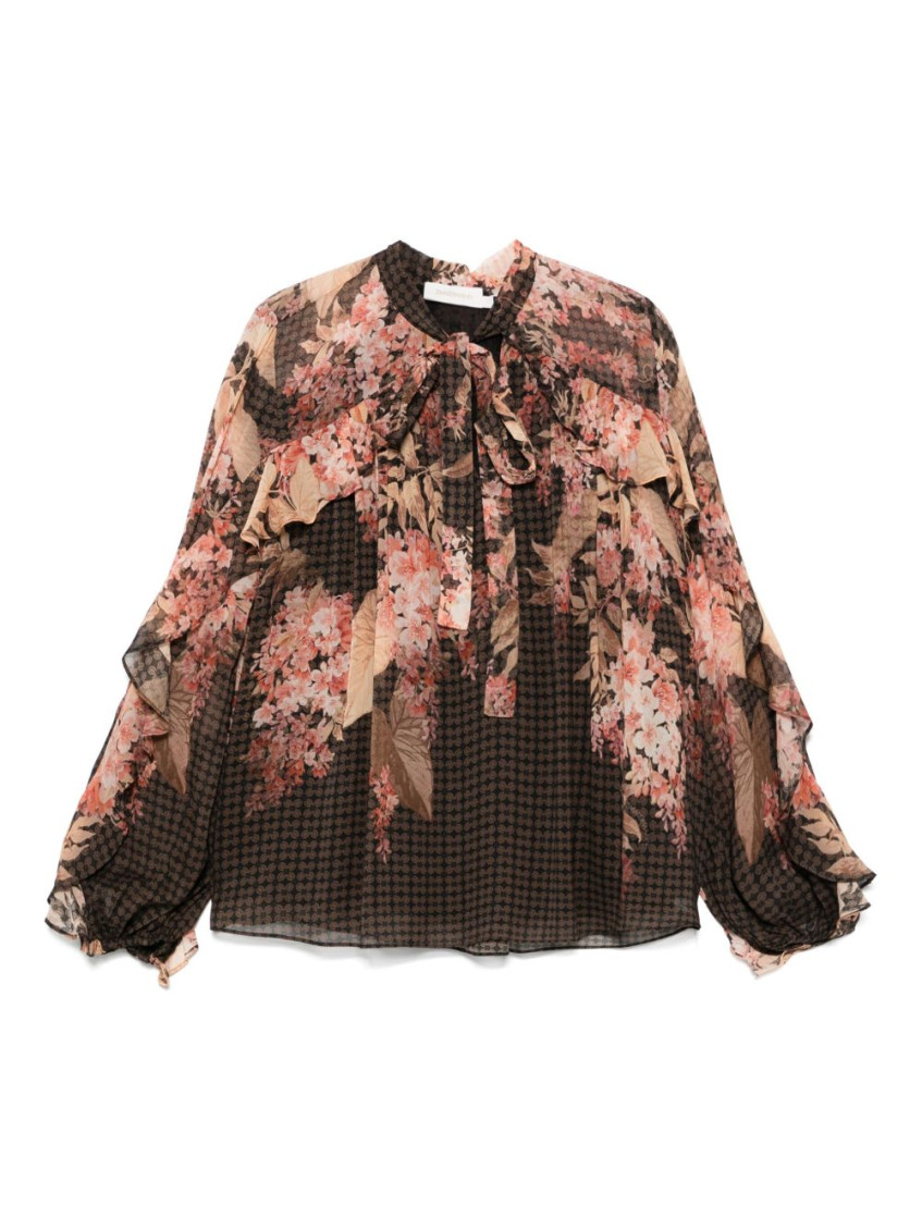 Zimmermann Womens Black Floral Illuminate Flutter Floral-print Sheer Blouse