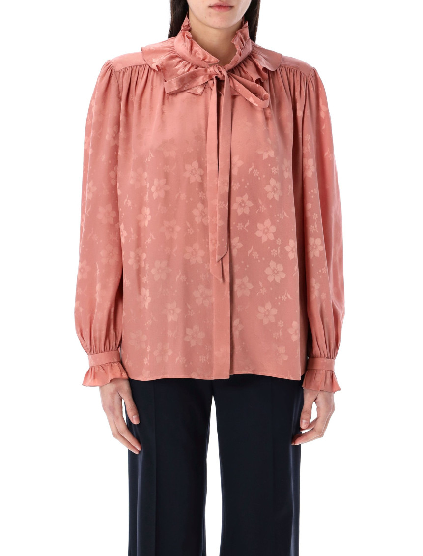 Chloé Floral Jacquard Tie-neck Ruffle Blouse