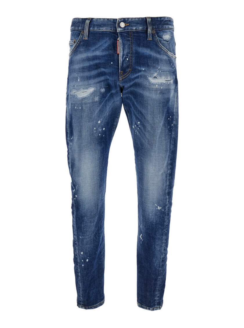 Dsquared2 Blue Jeans With Logo Patch On The Rear And All-over Paint-splatter Print Effect In Denim Man In Blue